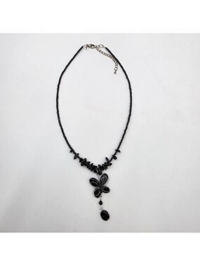 Butterfly Black Stone Chip And Glass Beaded Artisan Necklace